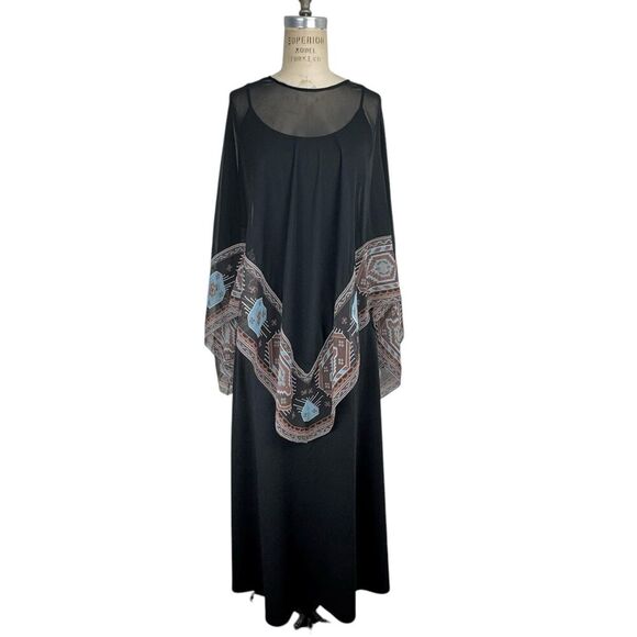 Vintage AJ Bari Womens Maxi Dress 7/8 Black Cape Witchy Boho Fairy Stretch Sheer - Picture 1 of 16